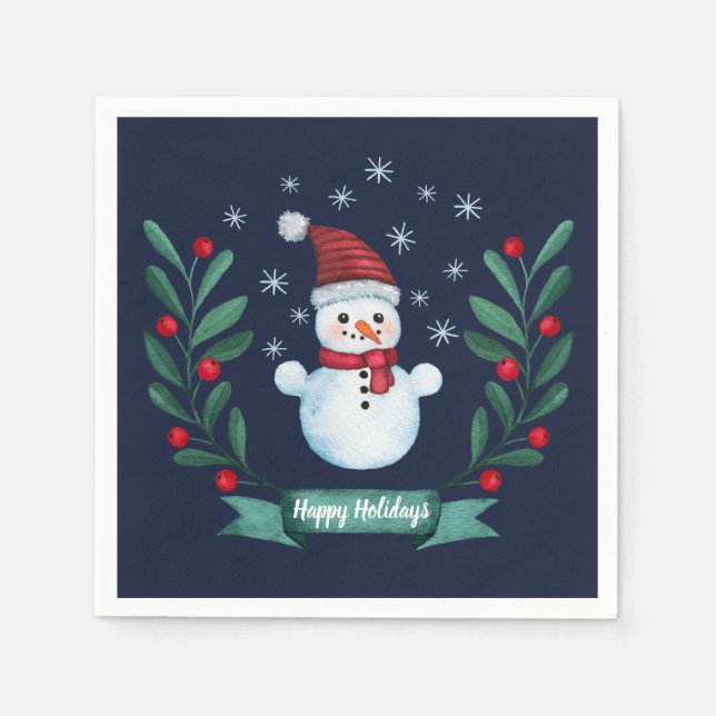 Christmas Watercolor Snowman Custom Navy Blue Napkin (Front)