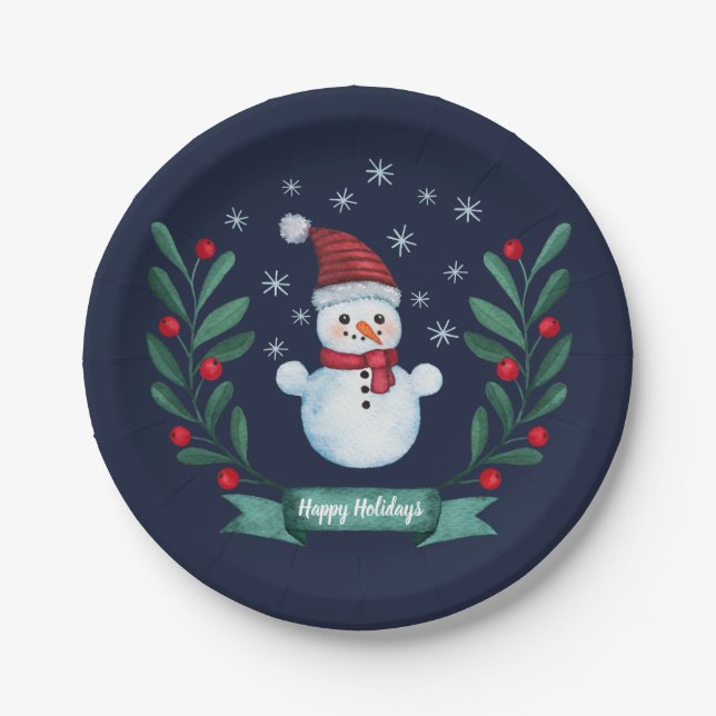 Christmas Watercolor Snowman Custom Navy Blue Paper Plate (Front)