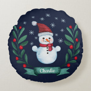 Christmas Watercolor Snowman Custom Navy Blue Round Pillow