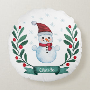 Christmas Watercolor Snowman Custom Round Pillow