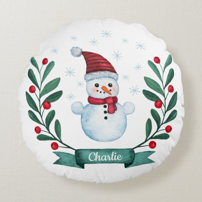 Christmas Watercolor Snowman Custom Round Pillow (Front)