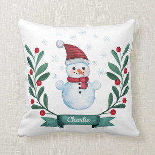 Christmas Watercolor Snowman Custom Throw Pillow