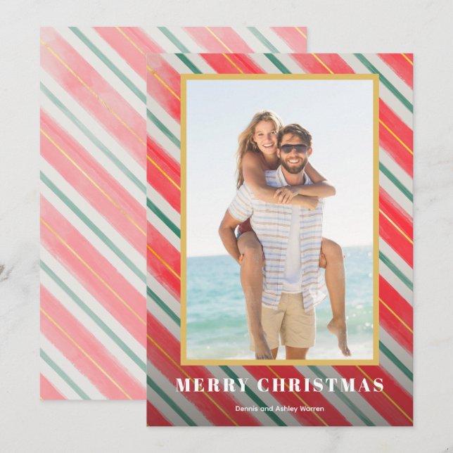 Christmas Watercolor Stripes Photo Holiday Card (Front/Back)