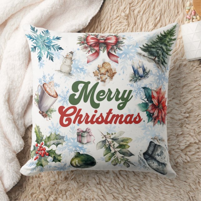 Christmas Watercolor  Throw Pillow (Blanket)