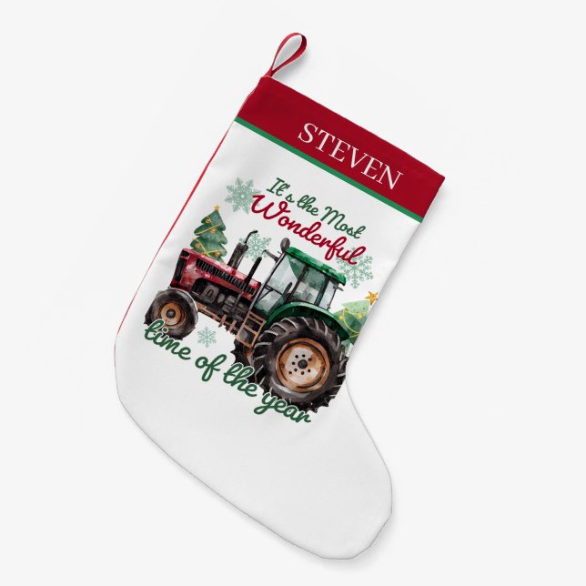 Christmas watercolor tractor add name small christmas stocking (Front (Hanging))