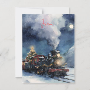 Christmas watercolor train in snowy landscape  postcard