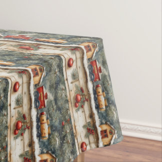 Christmas Watercolor Trains Railroad Station Tablecloth