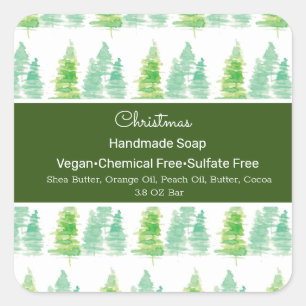 Christmas Watercolor Tree Handmade Soap Branding Square Sticker