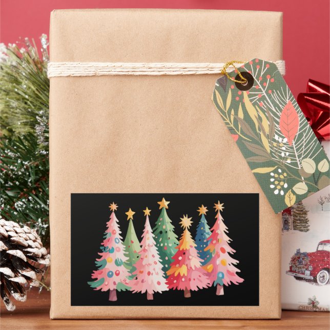 Christmas Watercolor Trees Cute Xmas Pink Sticker (Holiday)