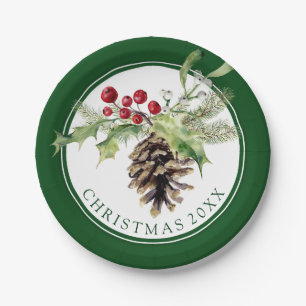 Christmas   Watercolor - Vintage Holly & Pinecone Paper Plate