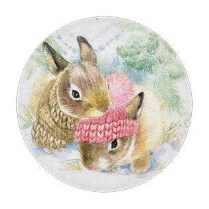 Christmas   Watercolor - Winter Forest Bunnies Cutting Board