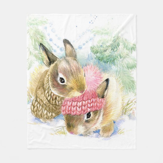 Christmas | Watercolor - Winter Forest Bunnies Fleece Blanket (Front)