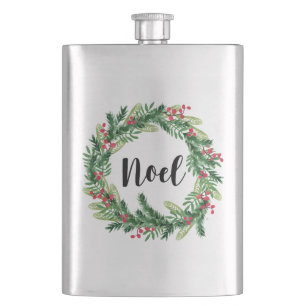Christmas watercolor wreath hip flask