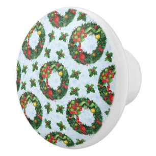 Christmas watercolor Wreath Holiday Ceramic Knob