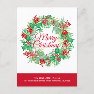 Christmas Watercolor Wreath Moving Holiday Postcard