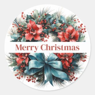 Christmas Watercolor Wreath with Holly Classic Round Sticker