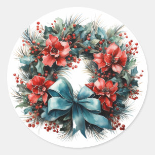 Christmas Watercolor Wreath with Holly Classic Round Sticker