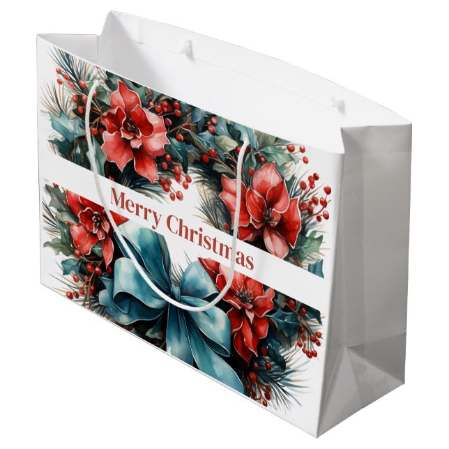 Christmas Watercolor Wreath with Holly Large Gift Bag (Back Angled)