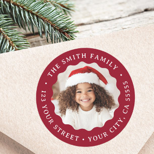 Christmas wavy border deep red return address classic round sticker