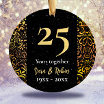 Christmas wedding anniversary black floral gold ceramic ornament<br><div class="desc">Christmas wedding anniversary black floral gold Ceramic Ornament . Sparkly , stylish and elegant beautiful inexpensive gift for couples celebrating their marriage. It’s an elegant wedding anniversary keepsake that can be personalized with your special anniversary information.
Ps:there’s no real glitter or raised part, it’s a beautiful printed design.</div>