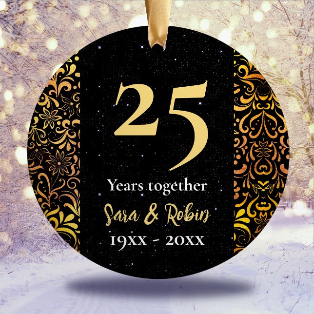 Christmas wedding anniversary black floral gold ceramic ornament (Creator Uploaded)