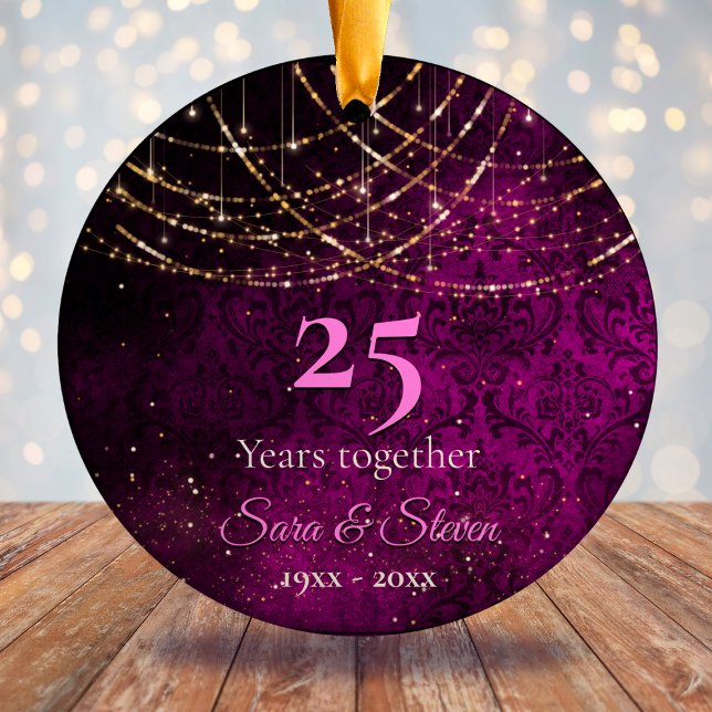Christmas wedding anniversary purple gold glitter  ceramic ornament (Creator Uploaded)