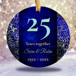 Christmas wedding anniversary royal blue floral  ceramic ornament<br><div class="desc">Elegant royal blue silver floral monogram Christmas Wedding anniversary Ceramic ornament. Sparkly , stylish and elegant beautiful inexpensive gift for couples celebrating their marriage. It’s an elegant wedding anniversary keepsake that can be personalized with your special anniversary information. Ps:there’s no real glitter or raised part, it’s a beautiful printed design....</div>