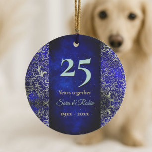 Christmas wedding anniversary royal blue floral ceramic ornament