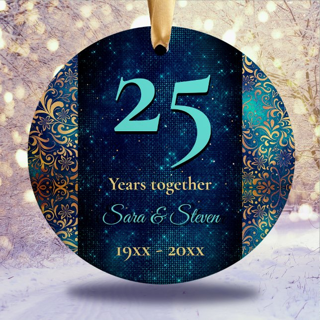 Christmas wedding anniversary turquoise gold  ceramic ornament (Creator Uploaded)
