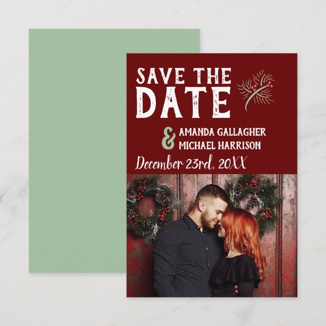Christmas Wedding Burgundy Sage Winter Pine Photo Save The Date (Front/Back)