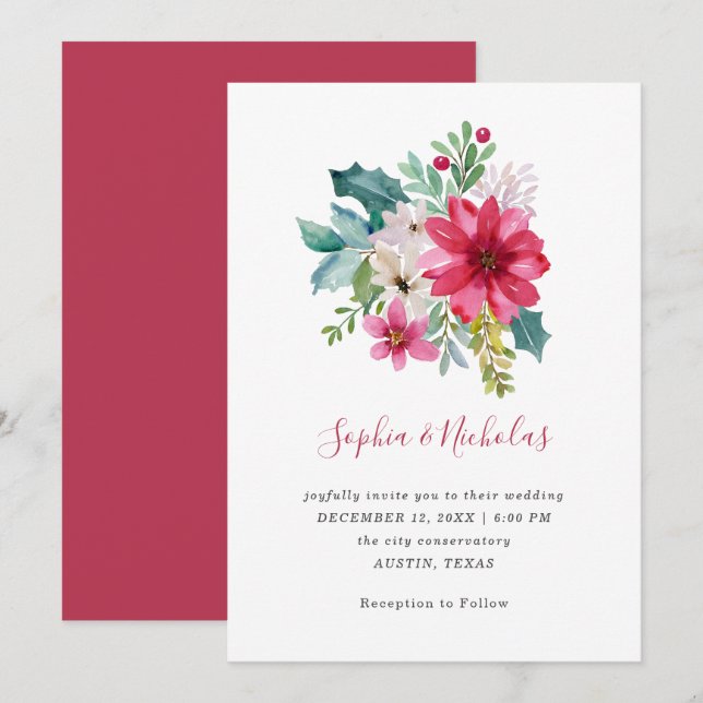 Christmas Wedding | Floral and Holly Berries Invitation (Front/Back)