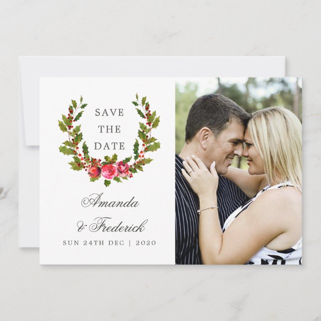 Christmas Wedding Floral Holly Save the Date photo (Front)