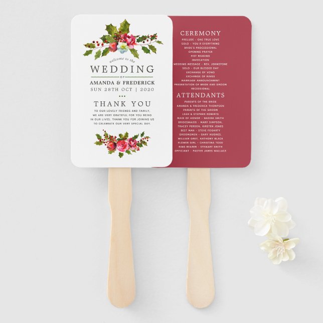 Christmas Wedding Floral Holly Watercolor Program Hand Fan (Front and Back)