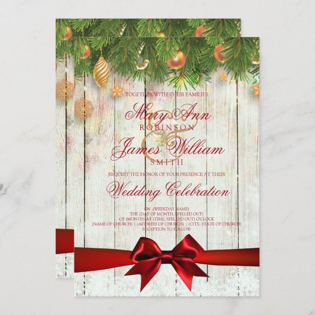 Christmas Wedding Gold Decorations & Red Ribbon Invitation (Front/Back)