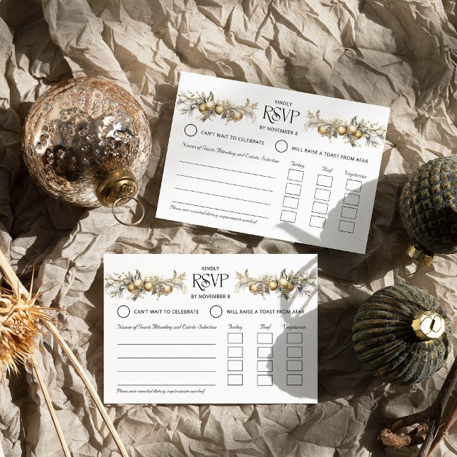 Christmas Wedding Gold Holly and Ornaments Entrée RSVP Card (RSVP with Entree Selection from the Holly Bells Wedding Collection by Darling & May)