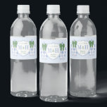 Christmas Wedding Green Ribbon Blue Ginger Jar  Water Bottle Label<br><div class="desc">Elegant water bottle label design with a simple couple's crest featuring the initials of the bride and groom, their first names and the wedding date. On either side of the crest is a blue and white ginger jar decorated with a green bow. To add or delete text fields, "click to...</div>