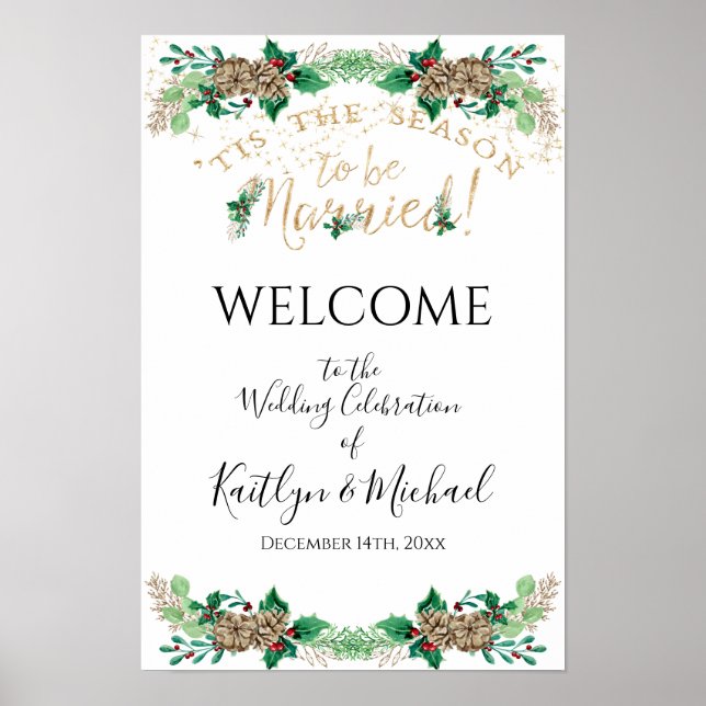 Christmas Wedding Holly Gold Foliage Welcome Poster (Front)
