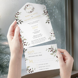 Christmas Wedding Holly Monogram All In One Invitation
