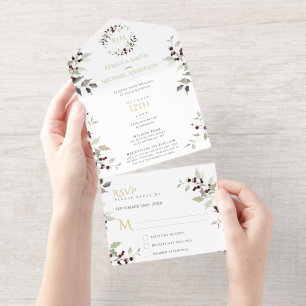 Christmas Wedding Holly Monogram All In One Invitation