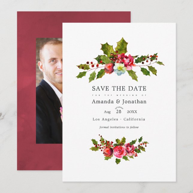 Christmas Wedding Holly Photo Save The Date (Front/Back)