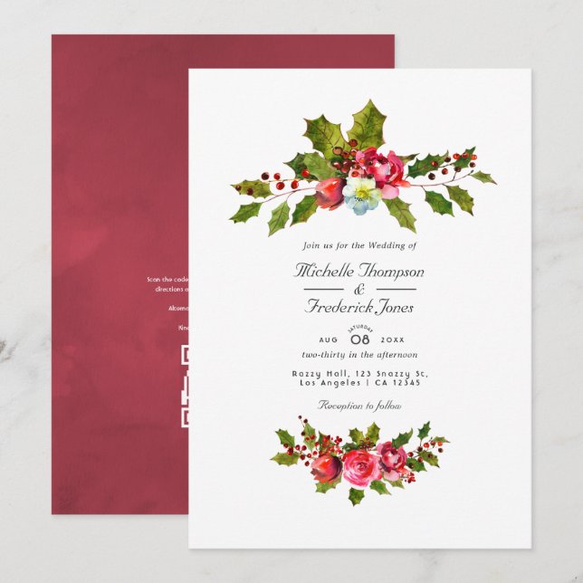Christmas Wedding Holly QR Code RSVP Invitation (Front/Back)