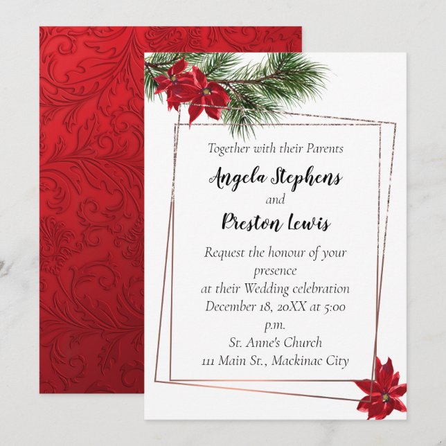 Christmas Wedding Invitation with Poinsettia (Front/Back)