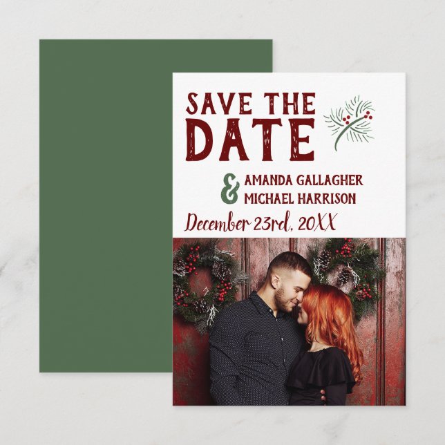 Christmas Wedding Minimalist Mod Winter Pine Photo Save The Date (Front/Back)