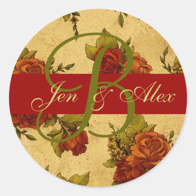 Christmas Wedding Monogram and Names Rose Sticker (Front)