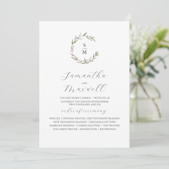 Christmas Wedding Programs Elegant Winter Greenery (Standing Front)