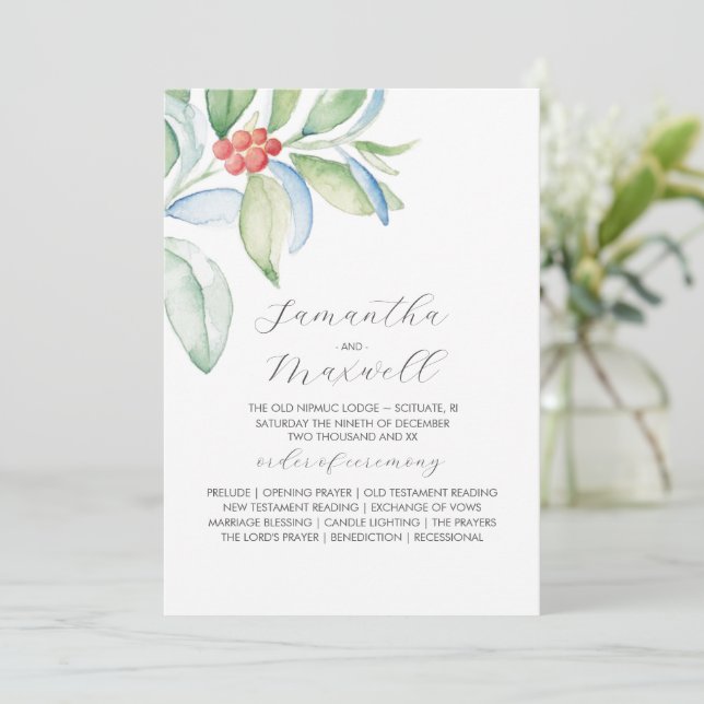 Christmas Wedding Programs Elegant Winter Greenery (Standing Front)