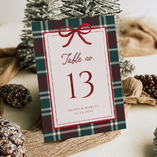 Christmas Wedding Red Bow Green Plaid Table Number