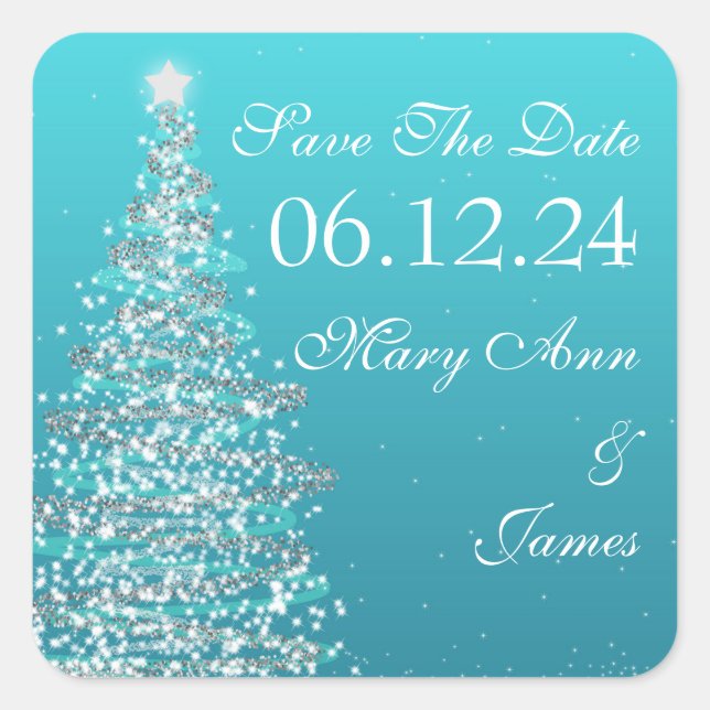 Christmas Wedding Save The Date Turquoise Square Sticker (Front)