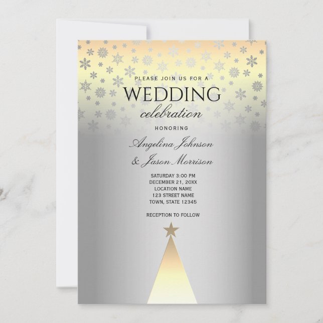 Christmas Wedding Silver and Gold Snowflakes Invitation (Front)