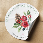 Christmas wedding watercolor floral and berries classic round sticker<br><div class="desc">Editable text wedding favour sticker or envelope seal featuring a rustic modern watercolor Christmas traditional bouquet and green typography script. Ideal for your winter,  Christmas floral,  elegant rustic themed weddings. Personalize it with the bride's and groom's names and wedding details!</div>
